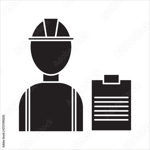 Builder icon, Construction worker, Silhouette symbol. Negative space, Raster isolated illustration, Worker with Hard Hat and Clipboard Icon, Inspection and Safety Checks.