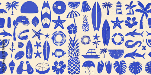 Whimsical blue summer beach icons pattern with tropical elements and ocean life