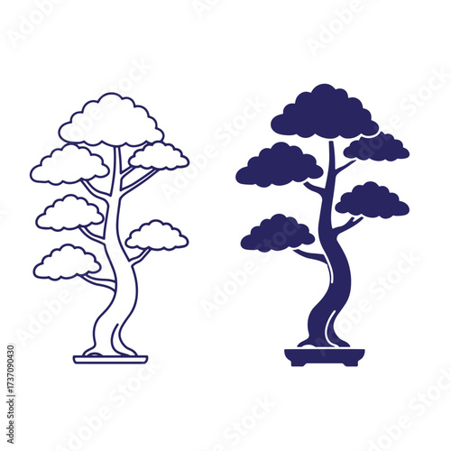 Vector illustration of a japanese bonsai tree in outline and filled graphic styles