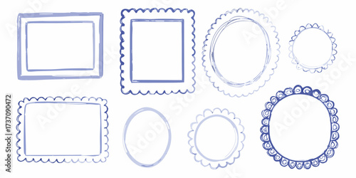 Collection of hand drawn blue frames and borders with decorative edges in various shapes and sizes