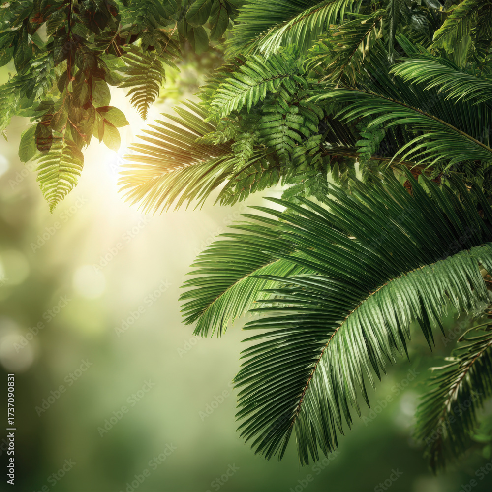 Fototapeta premium Lush green ferns framing a soft ivory gradient background with blank center