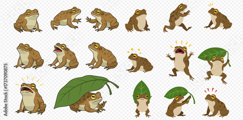 A collection of cartoon toads in various poses and expressions, including surprised, scared, and using a leaf as a hat or umbrella.
