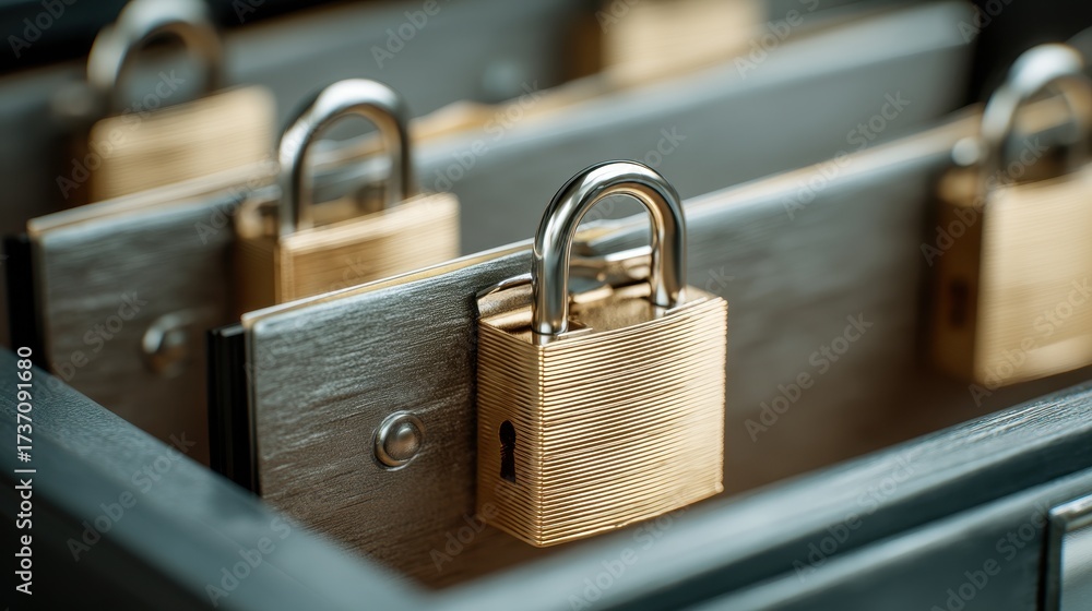 Naklejka premium Golden padlocks securing confidential data files in a secure storage system