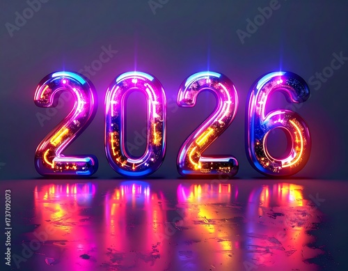Realistic glowing 2026 digital clock style numbers, neon light reflection