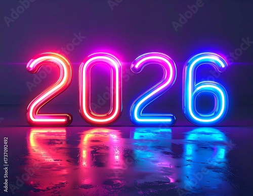 Realistic glowing 2026 digital clock style numbers, neon light reflection