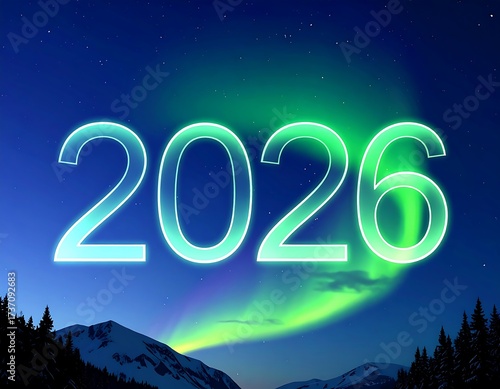 Realistic glowing aurora borealis in night sky with “2026” numbers floating