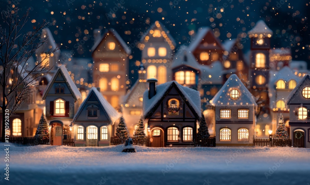 Fototapeta premium Cozy Winter Village Scene with Snow and Festive Lights at Night
