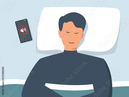 Illustration of sleeps in bed with a pillow, blanket, and cell phone with a mute voice
