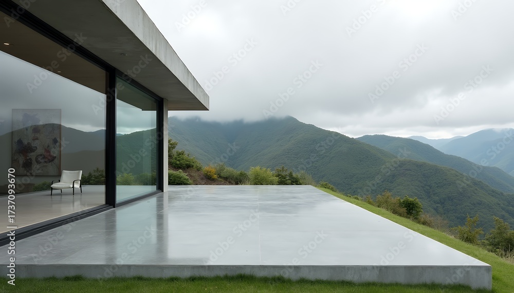 Fototapeta premium Modern concrete house with expansive mountain vista and minimalist interior modern architecture concrete patio