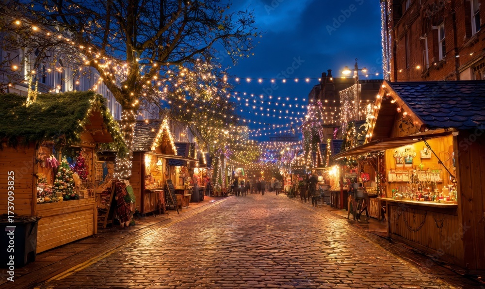 Obraz premium Enchanting Night Market with Festive Lights and Cozy Stalls