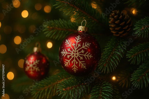 Red Christmas Ornament with Snowflake Decoration on Pine Tree