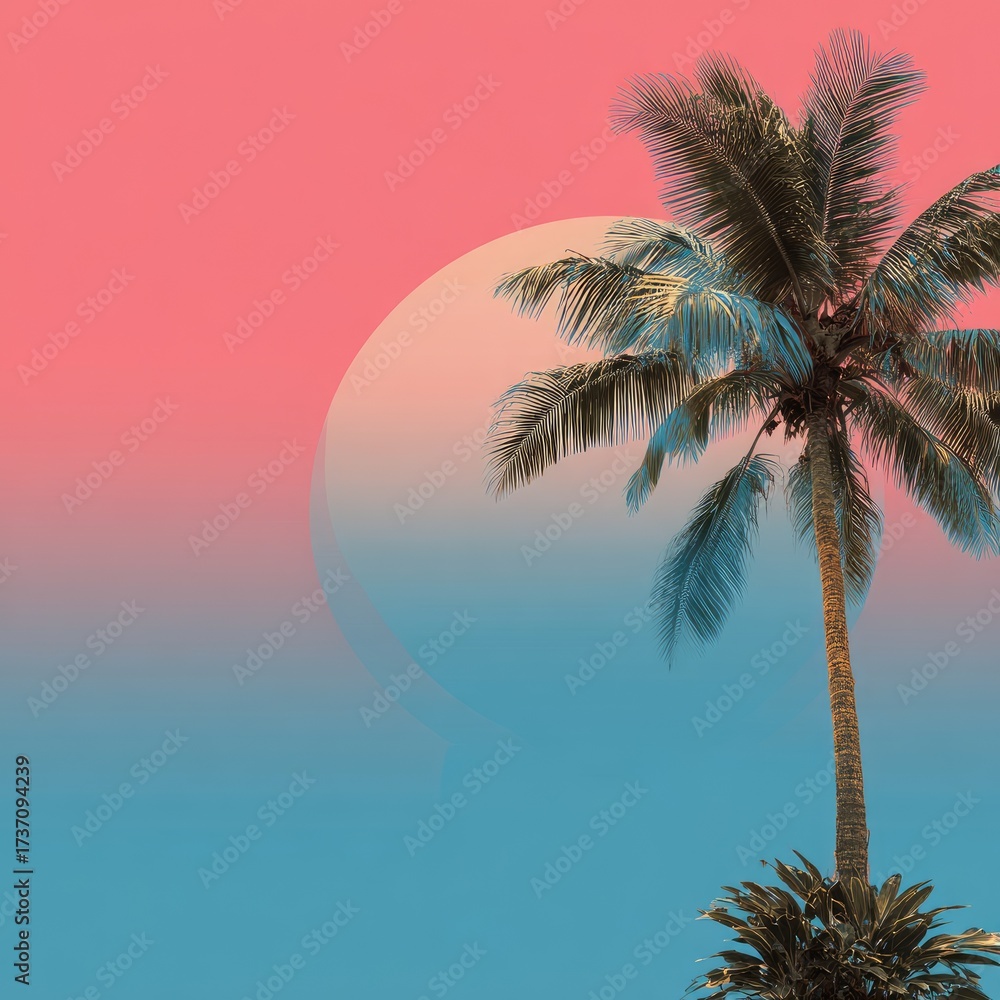 Obraz premium A palm tree silhouetted against a vibrant pink and blue gradient sky with a subtle moon