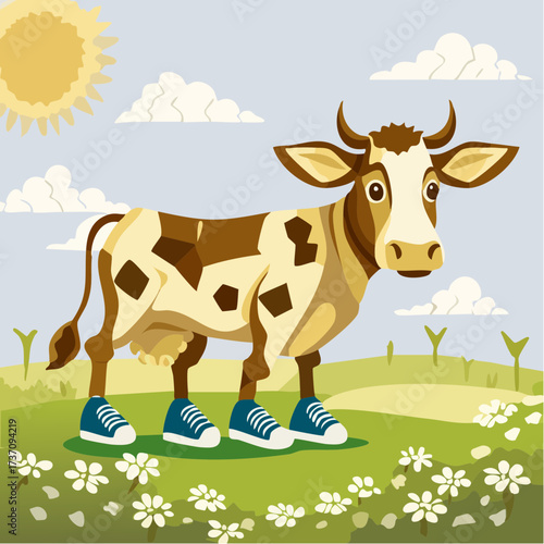 playful skinny cow in bright blue sneakers geometric farm signage-and-wrap vector for joyful branding