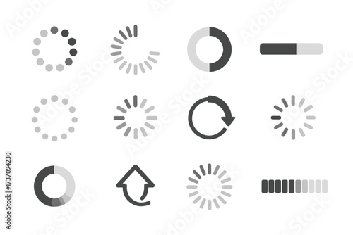 Loading icon big set. Progress bar for upload and download. Round process spinner. Website loader symbol. Vector illustration for UI, UX design. Wait, buffer, and refresh signs.
