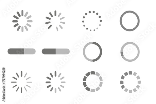 Loading icon collection for web and app interface. Progress bar, spinner, and buffering symbols. UI UX elements for upload, download, and processing status indication.