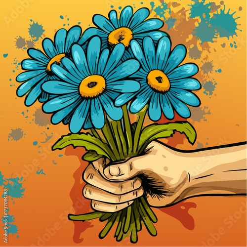 expressive pen-and-wash hand holding blue-daisy bunch vector for minimalist stationery and casual wrap