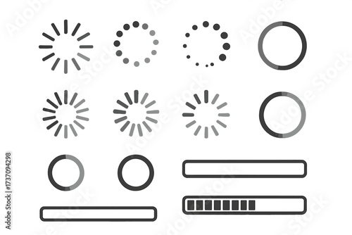 Vector set of loading spinner icons and progress bars. UI loader elements for website and app interface. Upload, download, buffer, wait, and preload process symbols.