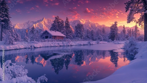 Fototapeta Naklejka Na Ścianę i Meble -  Winter lake reflects snowy cabin, mountains under vibrant sky