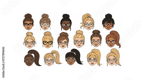 Illustration showcasing diverse women faces with various hairstyles and glasses in a grid arrangement
