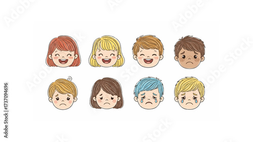 A collection of cartoon children's faces showing various emotions including happiness and sadness expressions