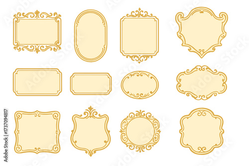 Large collection of golden vintage ornamental frames. Elegant retro labels, stickers, and badge elements. Classic decorative filigree borders for certificates and invitations.