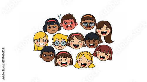 Cartoon faces displaying various emotions arranged in a circular pattern on a white background art