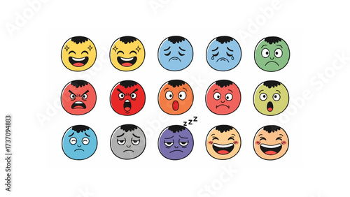 Collection of cartoon eggs displaying various emotions including happiness sadness and anger in bright colors