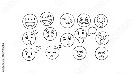 Collection of hand drawn egg shaped emoticons displaying various emotions and expressions in black and white style