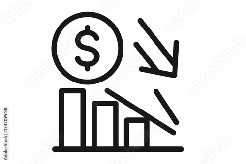 Cost reduction icon. Lower price concept. Expense decrease. Money saving. Financial crisis. Salary reduction. Income drop. Profit decline. Business recession. Bar chart down.