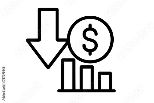 Cost reduction icon. Price decrease symbol. Financial crisis, recession concept. Lower budget and expenses. Money loss, market crash vector. Dollar down arrow and graph.