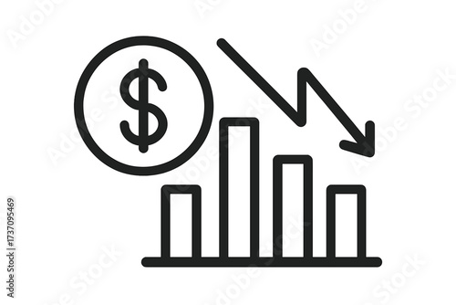 Cost reduction thin line icon. Financial crisis, market crash, and recession concept. Expense, loss, and bankruptcy symbol. Lower price and budget decrease graph. Down arrow diagram.