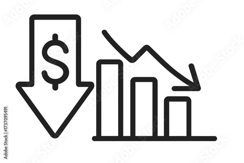 Cost reduction icon with arrow down and chart. Price down, money loss, financial crisis, budget and business marketing concept. Decrease profit. Vector illustration.