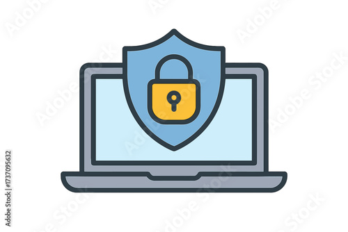Data security concept. Cybersecurity and information privacy flat vector illustration. Laptop computer with shield and lock for internet protection and antivirus software.
