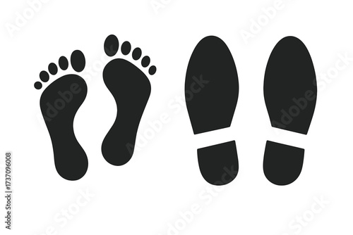 Human footprints vector icon set. Barefoot and shoe sole prints silhouette collection. Footsteps and bootprints illustration for tracking, walking paths, or evidence concepts.