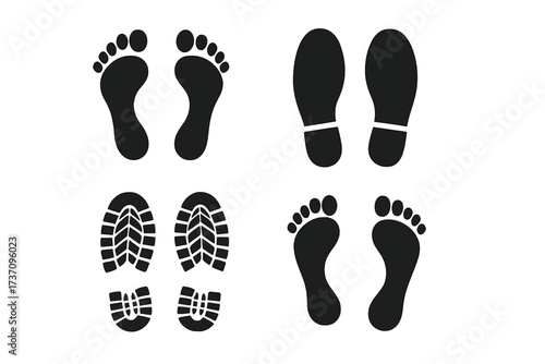 Human footprints vector set. Barefoot and shoe print silhouettes. Footstep tracks collection for concepts of walking, journey, people, and evidence. Boot sole imprints.