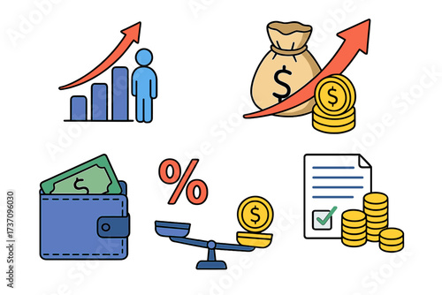 Financial icon set for income increase strategy and revenue growth. High return on investment, fund raising, and budget balance concept. Vector icons for credit, loan, and interest rate.