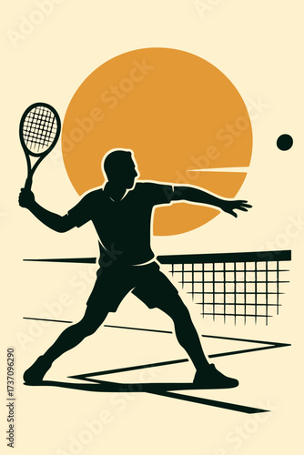 Tennis player forehand rally at net competitive court sport stadium badge vector