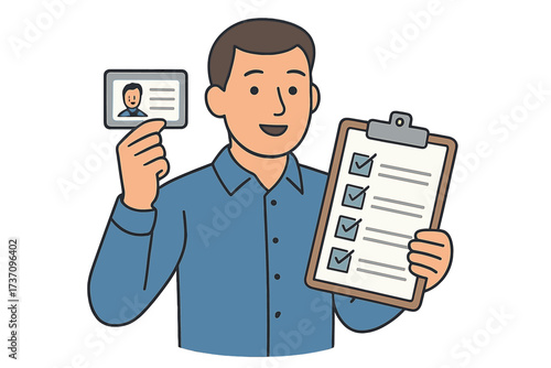 Man holding ID card and clipboard with checklist. Concept of identity verification, passing inspection, security check, registration process complete. Approved paperwork done.