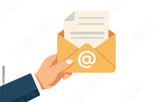 Hand holding email envelope with invoice. E-mail marketing concept, message notification. Receive official document, bill, or letter. Online business communication. Vector icon.