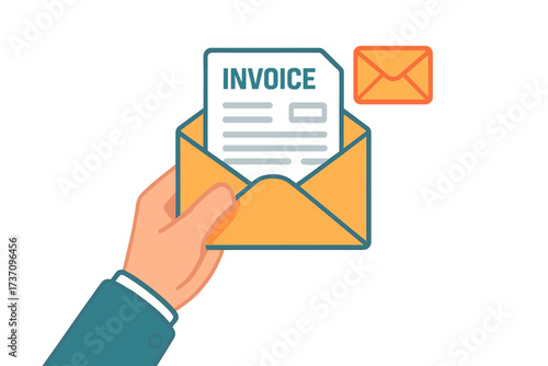Hand holds an open envelope with an invoice document. Concept of receiving a bill, payment notification, and financial accounting. Mail or email message for tax, debt, or payroll.