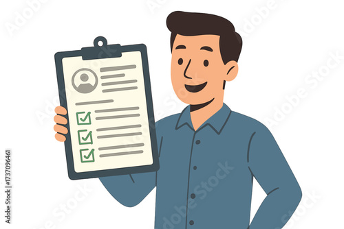 Man holding clipboard with checklist. Passed inspection, approved application or license. Concept of survey, task management, paperwork, positive feedback, and done deal. Vector.