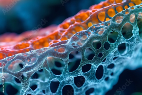 Close-up of a colorful microscopic structure with intricate mesh pattern, highlighting scientific and biological beauty.
