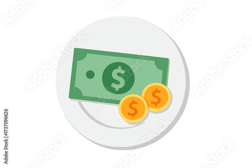 Money on a plate vector concept. Cash payment, restaurant bill, and gratuity idea. Tip money on a saucer illustration. Flat design icon for service charge, cost, and expense.