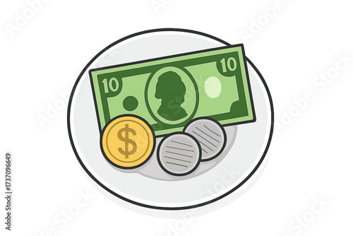Restaurant tip on a plate. Cash payment, dollar bill and coins for gratuity. Service charge concept. Money for paying the bill. Flat design vector illustration icon.