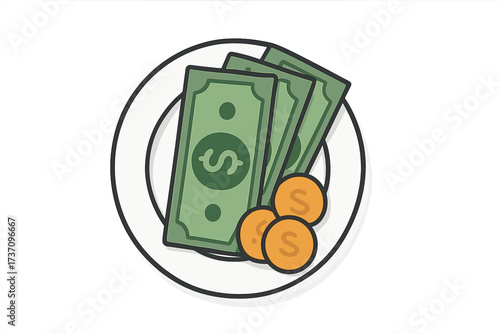 Money on a plate vector illustration. Cash payment for service and gratuity concept. Dollar bills and coins on a saucer for a restaurant bill. Flat design finance icon.