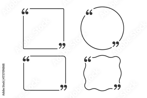 Quote frames set. Blank template for text. Quotation mark icon. Speech bubble for citation. Testimonial box. Comment message border. Vector line art design element.