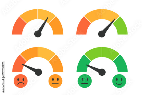 Rating customer satisfaction meter icon set. Feedback emoticons from sad to happy. Speedometer, tachometer, gauge, or indicator for performance, score, and quality level.