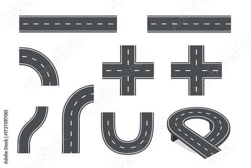 Road and highway constructor set for creating routes and maps. Vector illustration elements including street intersections, turns, curves and crossroads. Asphalt road toolkit.