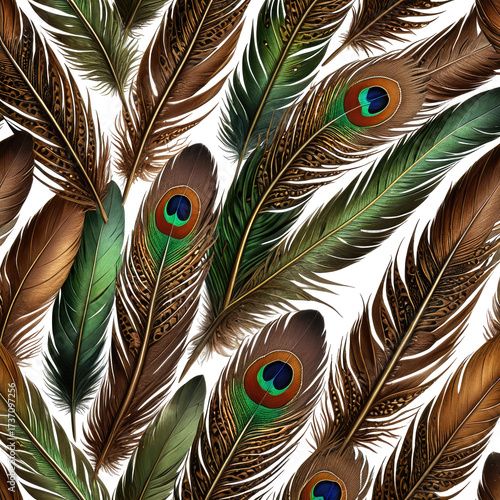 Seamless repeating pattern of detailed, realistic peacock and other colorful feathers