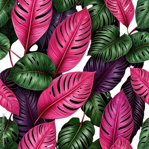 Colorful, tropical leaf pattern with green, purple, and pink plants